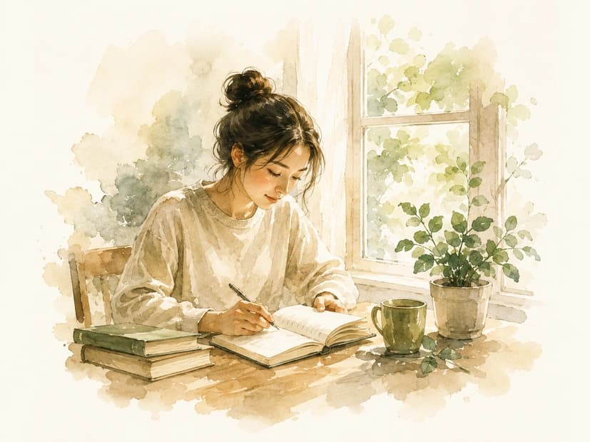 Một người ngồi viết và đọc bên cửa sổ