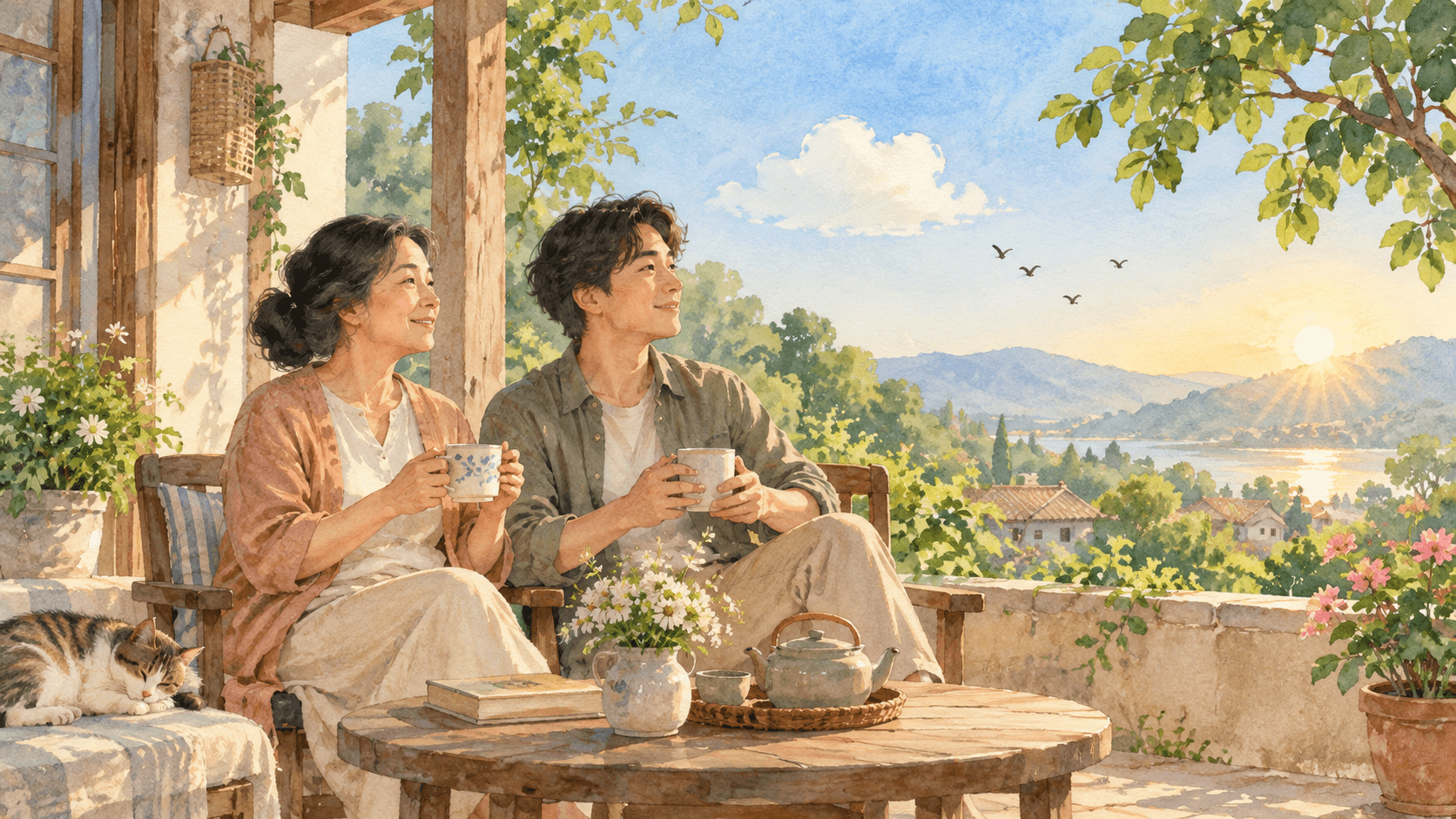 Hai người cùng ngồi bên hiên nhà trong ánh sáng buổi sớm