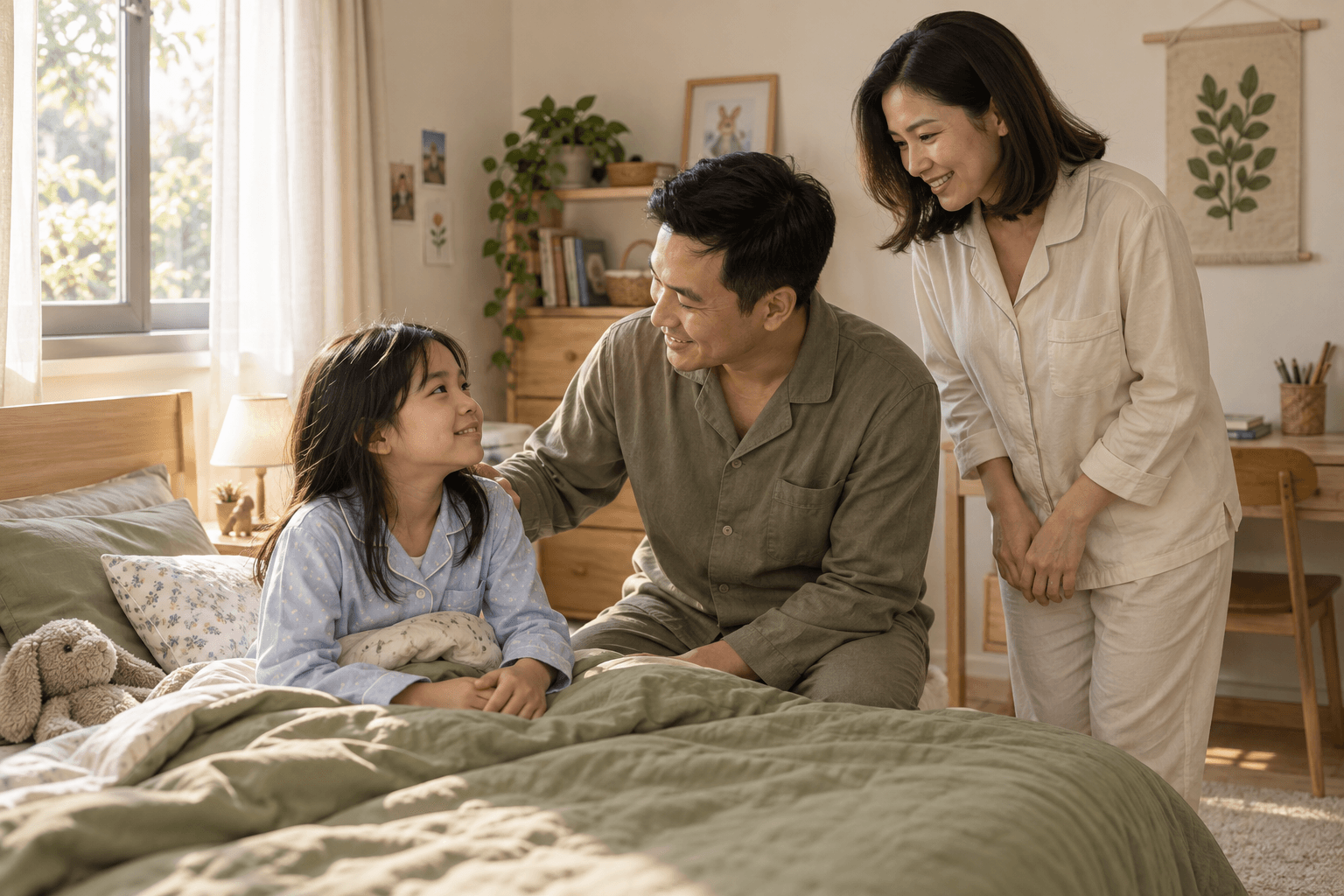 Cả nhà vừa thức dậy. Bố mẹ hỏi nhau có ngủ ngon không rồi gọi Mia xuống ăn sáng.