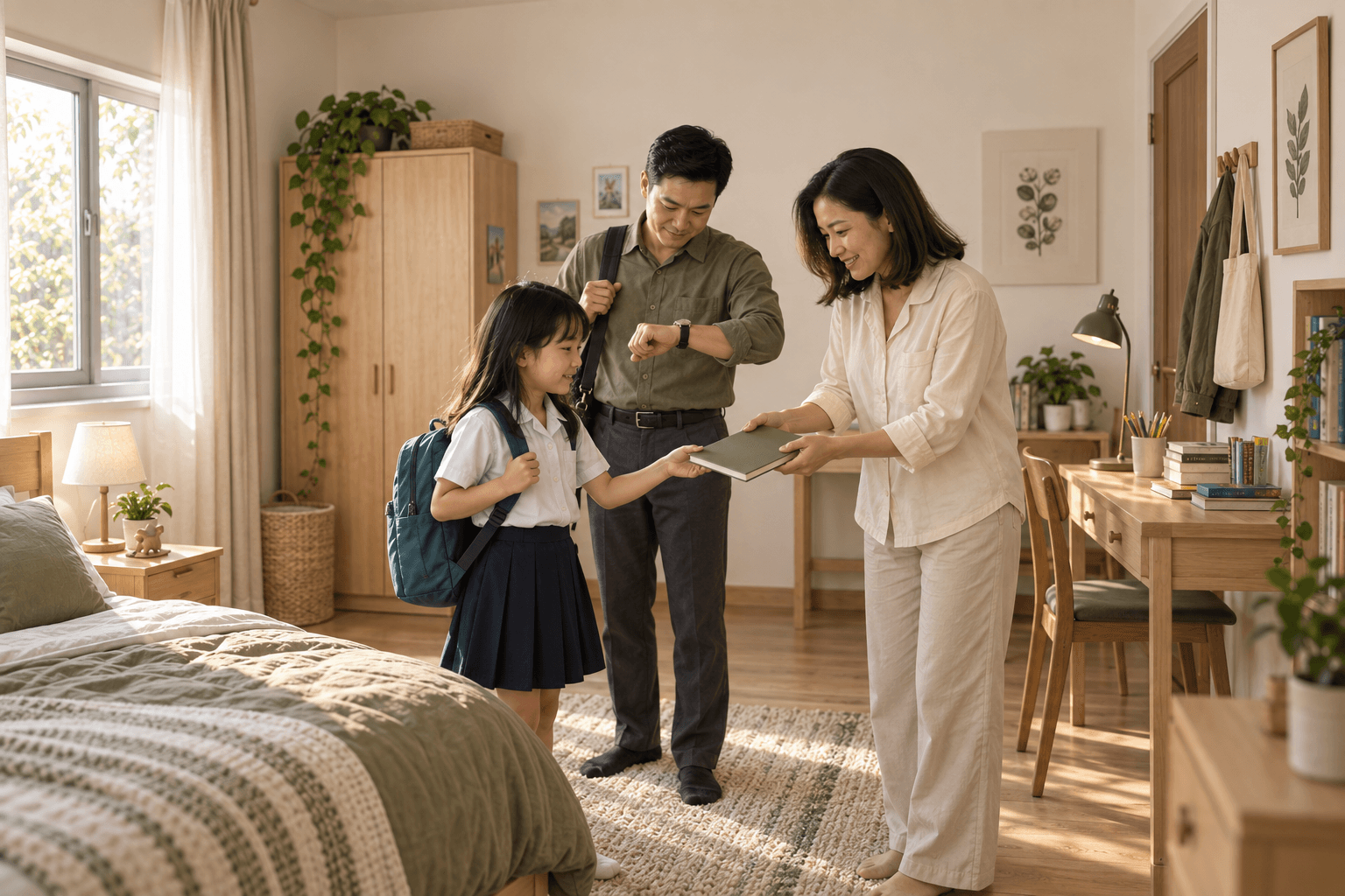 Mia đang tìm cặp và vở. Bố mẹ cũng chuẩn bị đi làm, cùng giúp con mà không làm buổi sáng quá căng thẳng.