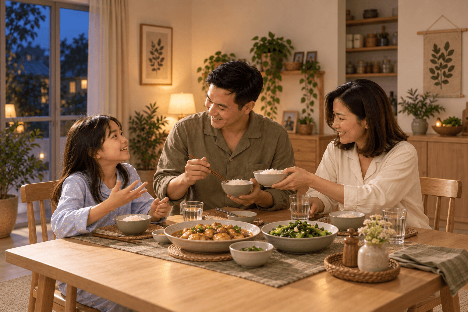Cả nhà quây quần bên bàn ăn tối. Mọi người chuyền đồ ăn và nghe Mia kể một chuyện nhỏ ở trường.