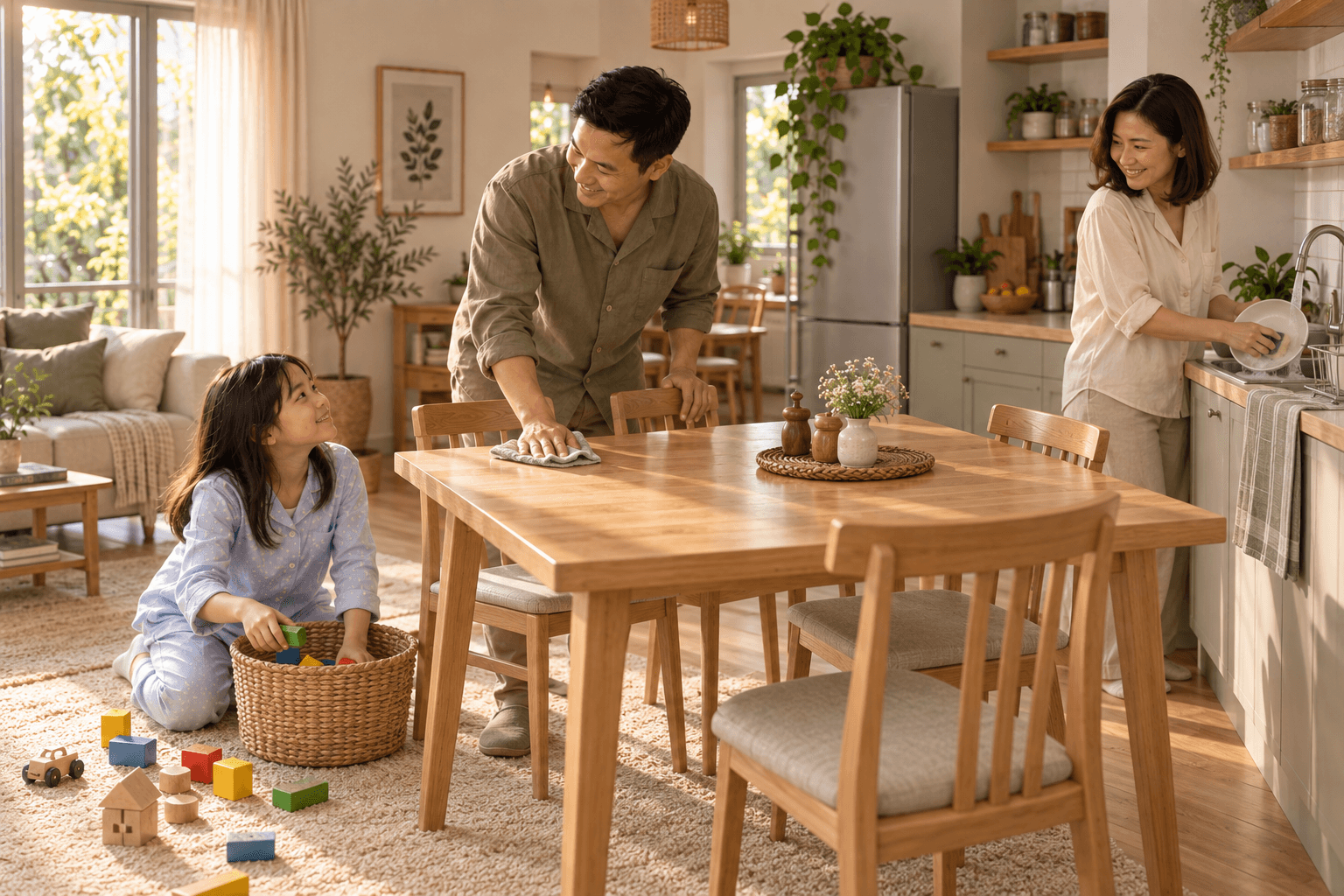 Ăn xong, cả nhà cùng dọn. Bố mẹ chia việc, Mia chọn một việc vừa sức để giúp.