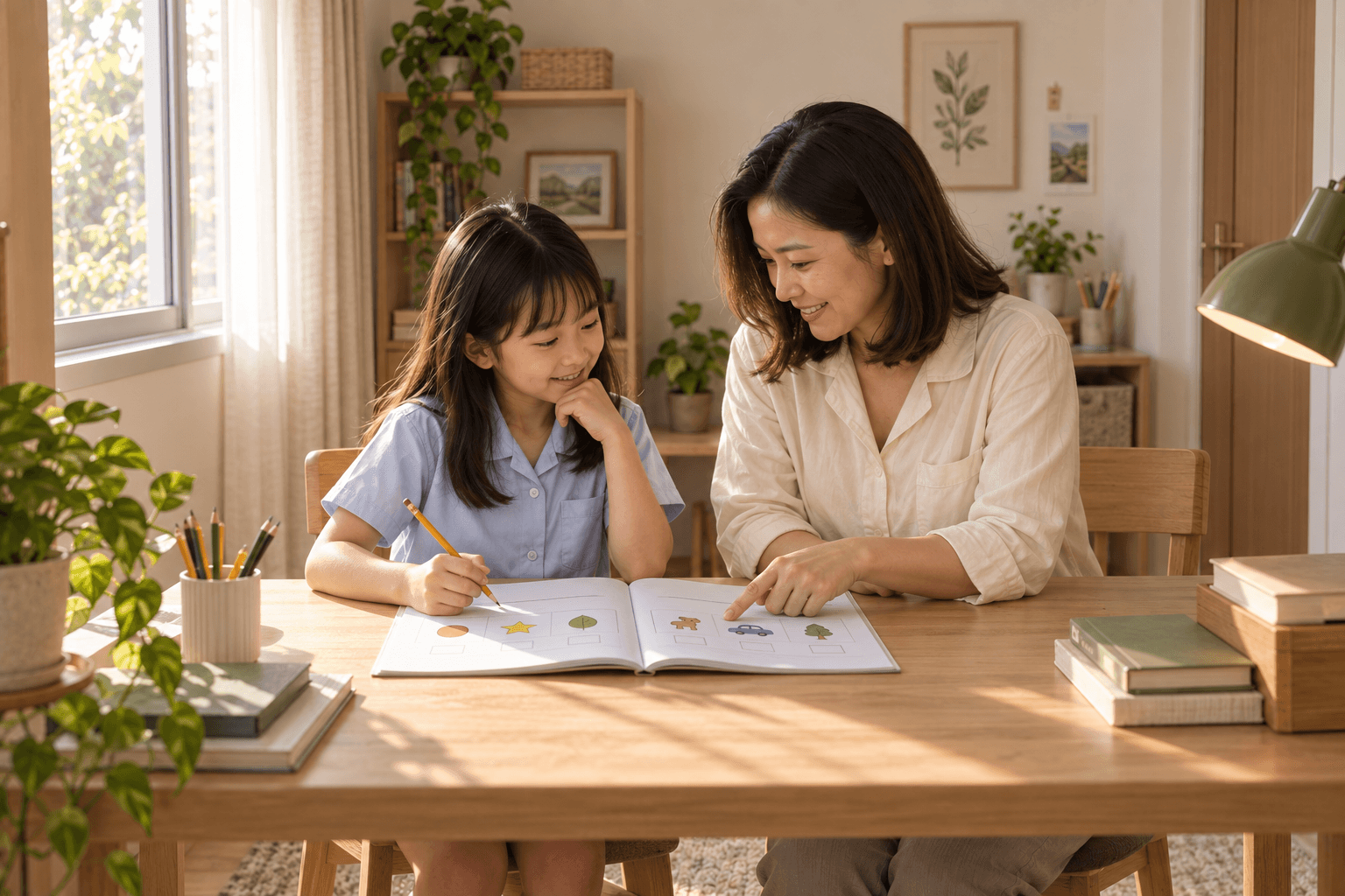 Mia gặp một câu hỏi khó trong bài tập. Mẹ ngồi xuống cùng con, giúp con tự tìm cách làm thay vì làm hộ.