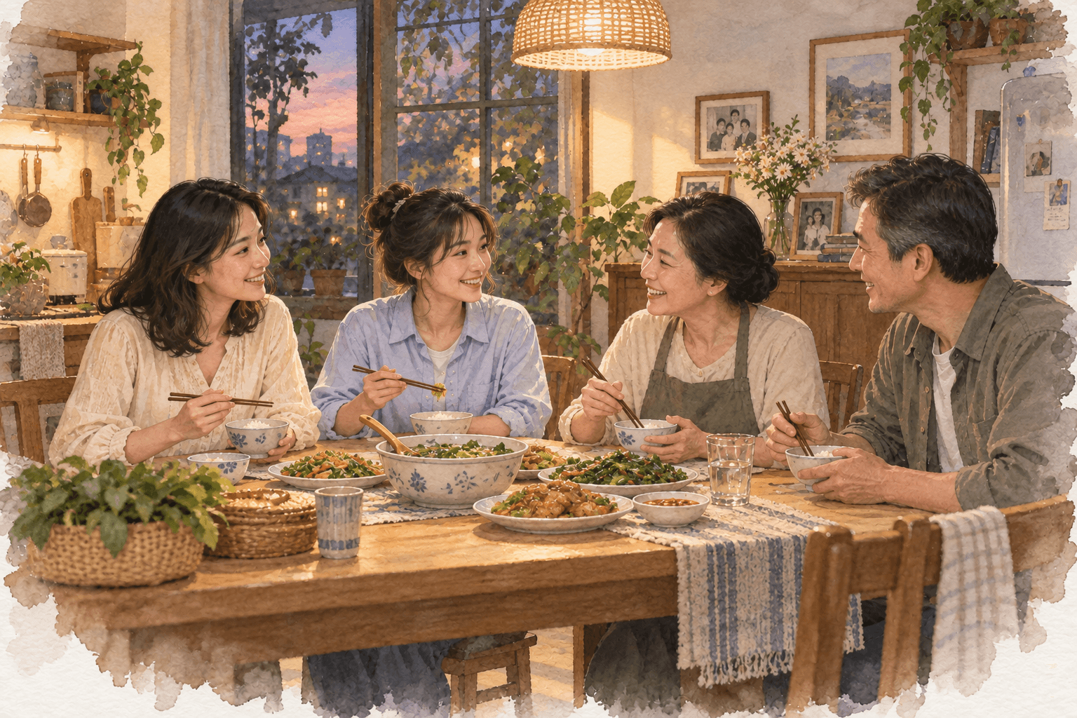 Linh dùng bữa tối và cười vui cùng em gái và bố mẹ trong căn nhà gia đình.