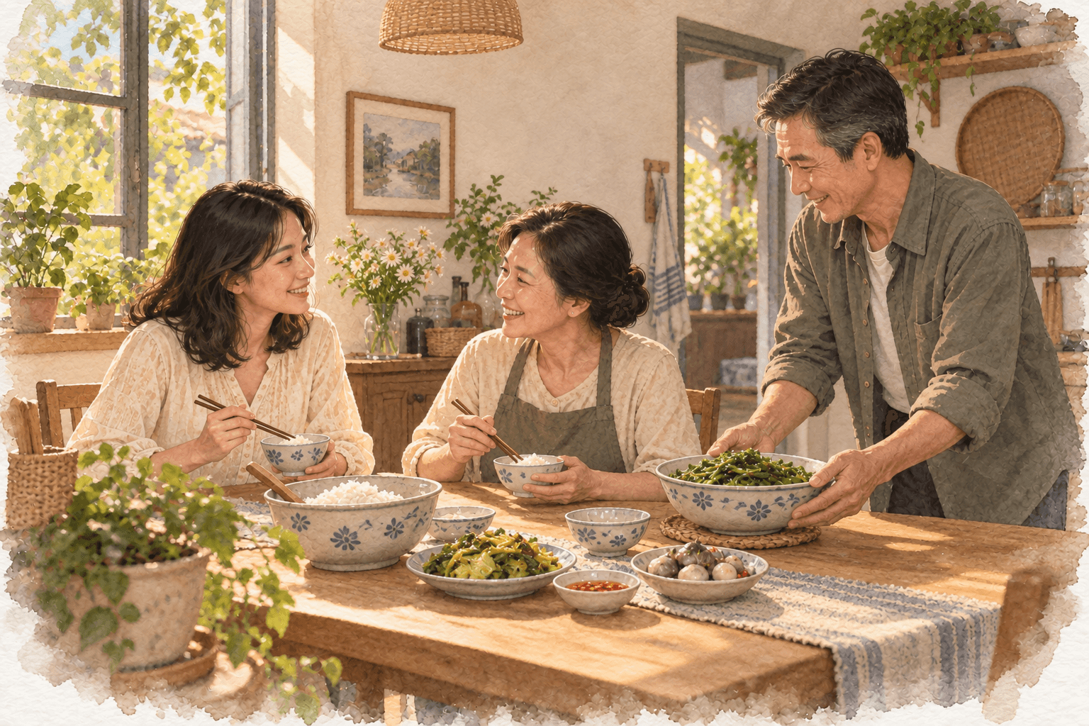 Linh và bố mẹ dùng một bữa cơm Việt Nam giản dị tại nhà.