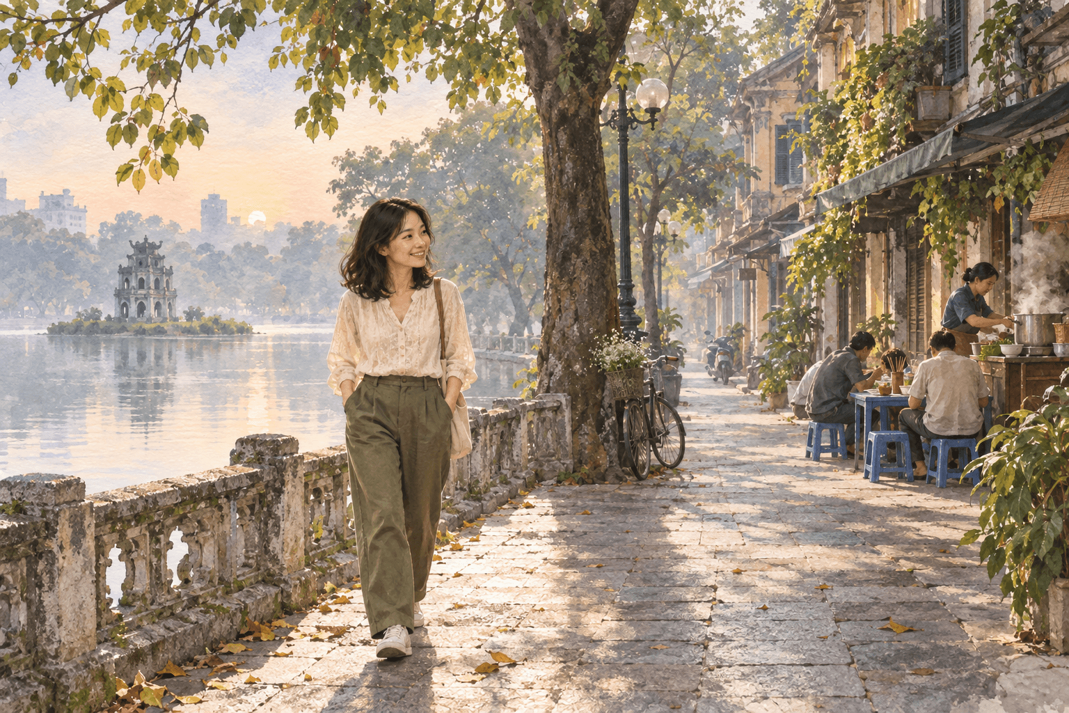 Linh đi dạo bên hồ Hoàn Kiếm trong buổi sáng sớm ở Hà Nội.