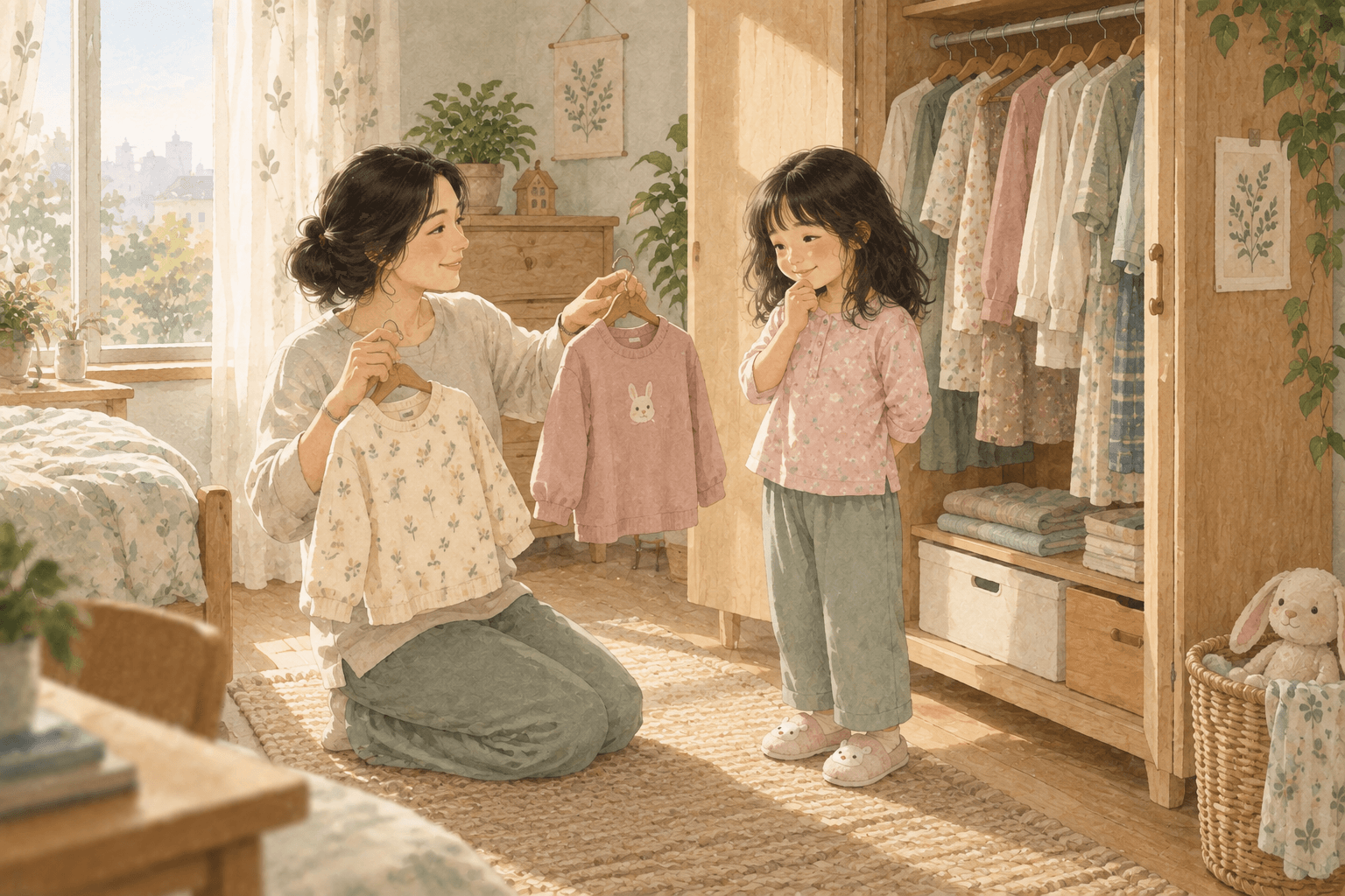 Trước tủ quần áo vào buổi sáng. Bé có hai lựa chọn thật và được tự chọn chiếc áo mình thích.