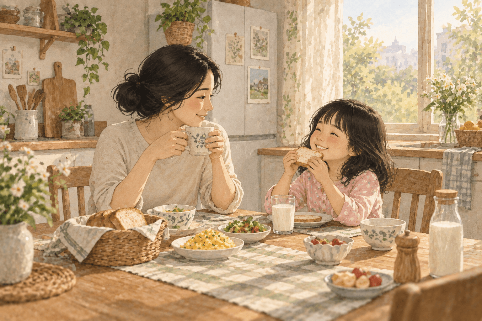 Bàn ăn buổi sáng có bánh mì, trứng, sữa và những chiếc bát đĩa quen thuộc. Bé được nói sở thích của mình.
