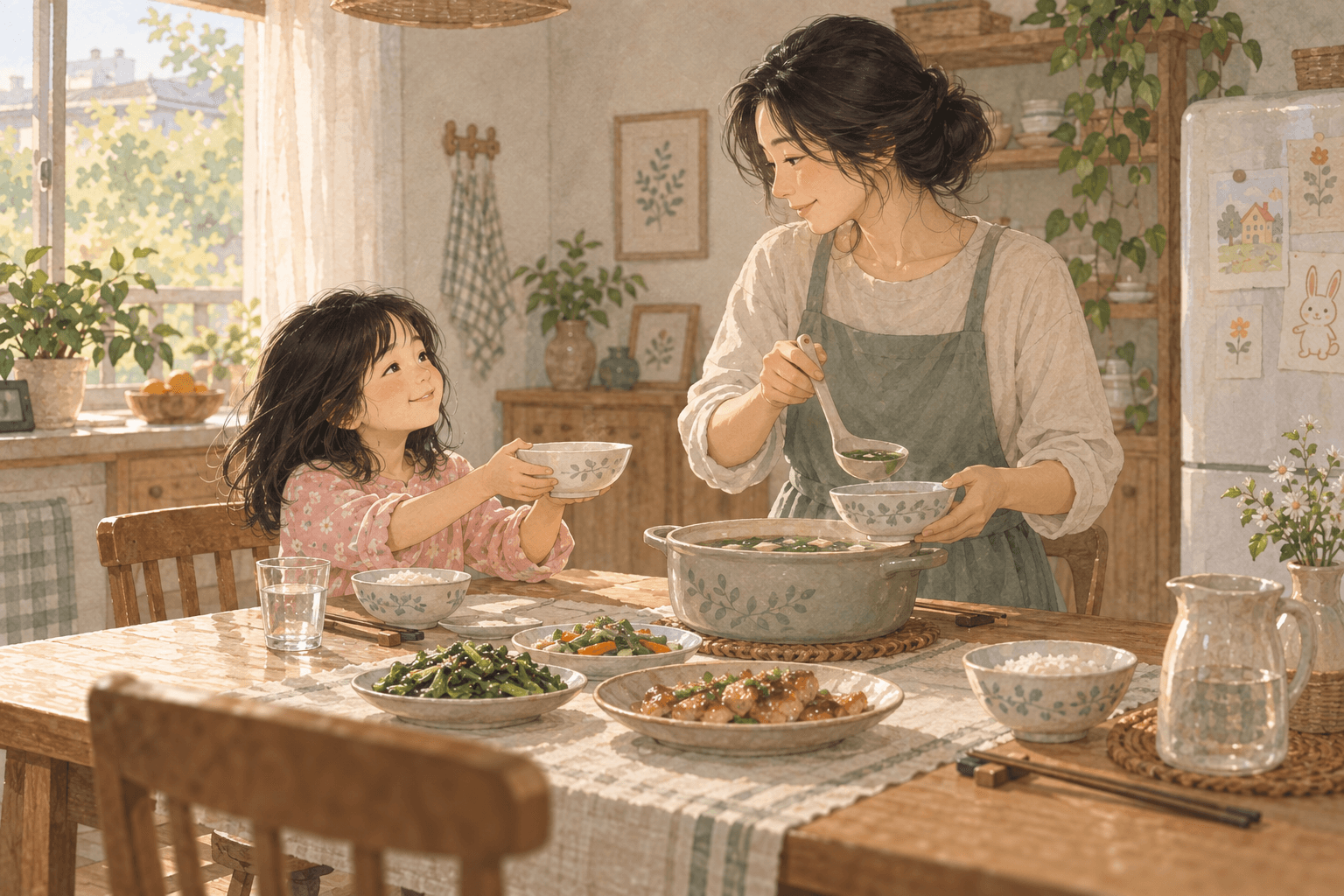 Bữa trưa hoặc bữa tối trong gia đình. Bé tự nói muốn thêm canh, uống nước hoặc dừng khi đã no.