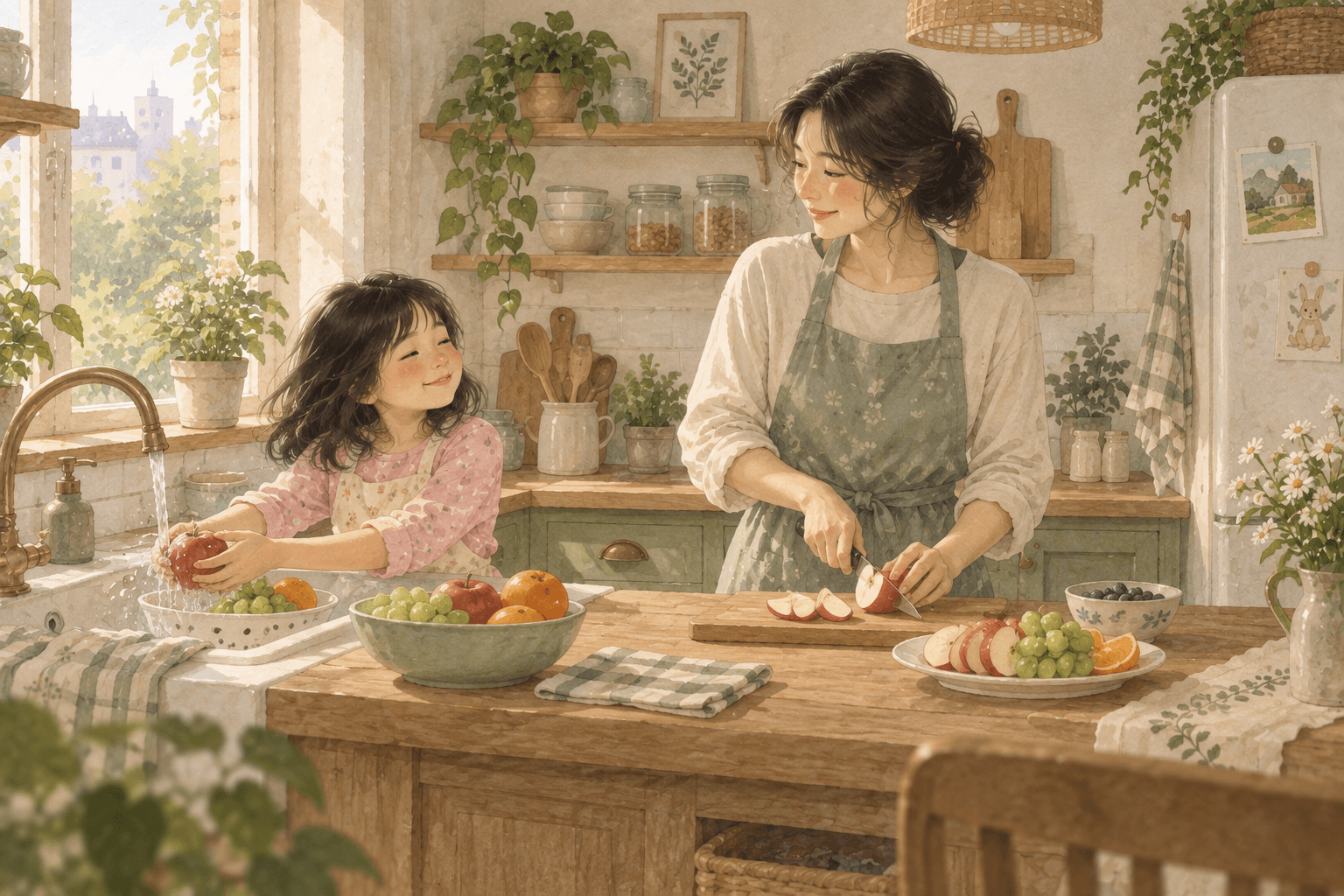 Trong bếp trước giờ ăn nhẹ. Bé rửa hoa quả, mẹ cắt táo; hai người phối hợp để bày món ăn.