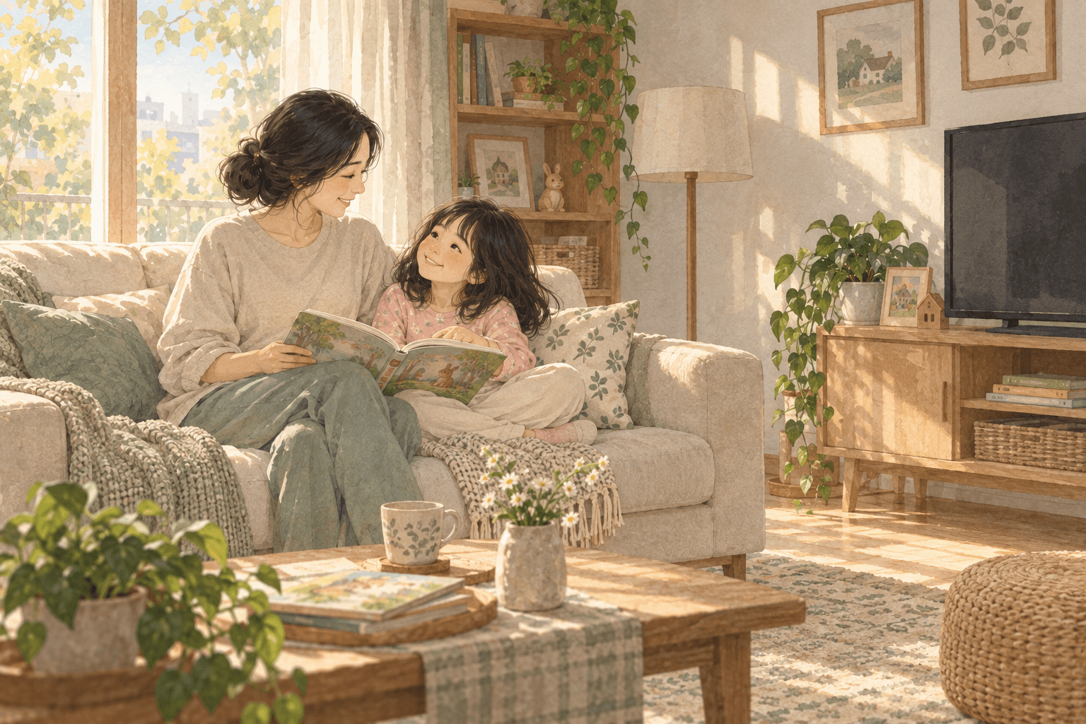 Phòng khách buổi chiều. Bé muốn đọc sách cùng mẹ thay vì xem tivi; hai người sắp xếp chỗ ngồi dễ chịu.