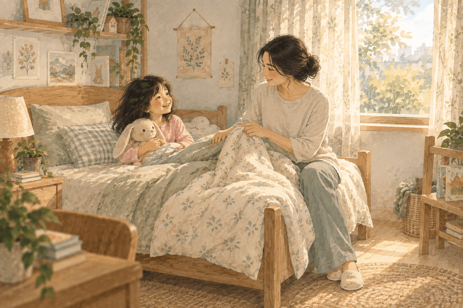 Phòng ngủ trước giờ nghỉ trưa. Bé lấy gấu bông, chọn chăn và nói muốn nằm nghỉ hay nghe truyện.