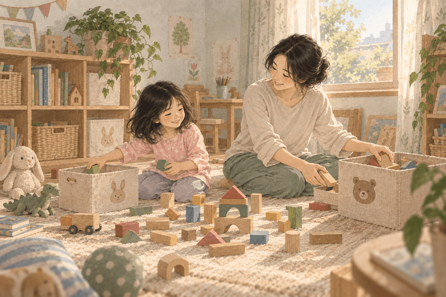 Phòng chơi sau một lúc xây nhà bằng khối gỗ. Mẹ cùng làm với bé, không chỉ đứng ra lệnh.