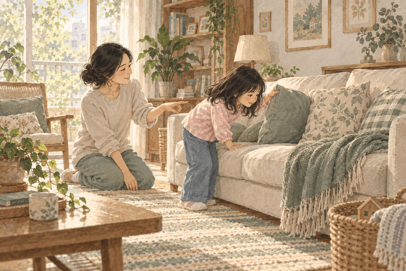 Trong phòng khách, bé tìm gấu bông trước khi ra ngoài. Mẹ gợi ý vị trí nhưng để bé tự quan sát và tìm ra.