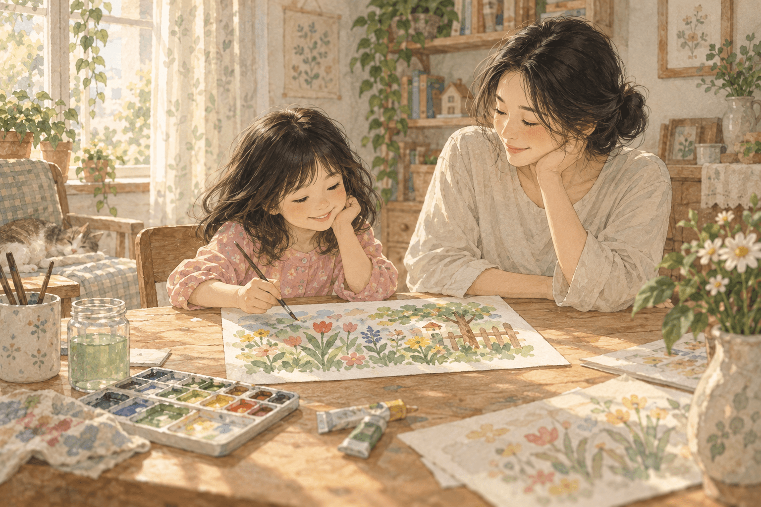 Hai mẹ con vẽ một khu vườn trên giấy. Bé được chọn màu yêu thích; bức tranh không phải bài kiểm tra màu liên tục.