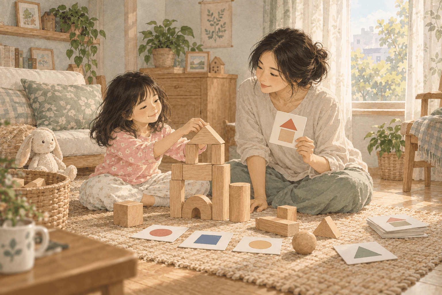 Hai người dùng khối gỗ và thẻ hình để xếp một ngôi nhà. Có hình trên thẻ và khối ba chiều, được gọi đúng cách.