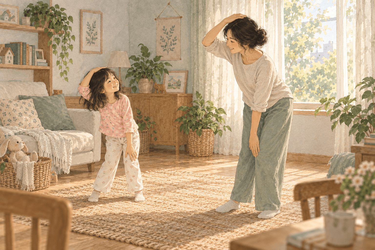 Hai người đứng ở khoảng trống an toàn trong nhà, chơi trò chạm và làm động tác chậm. Không dùng lời bài hát có sẵn.