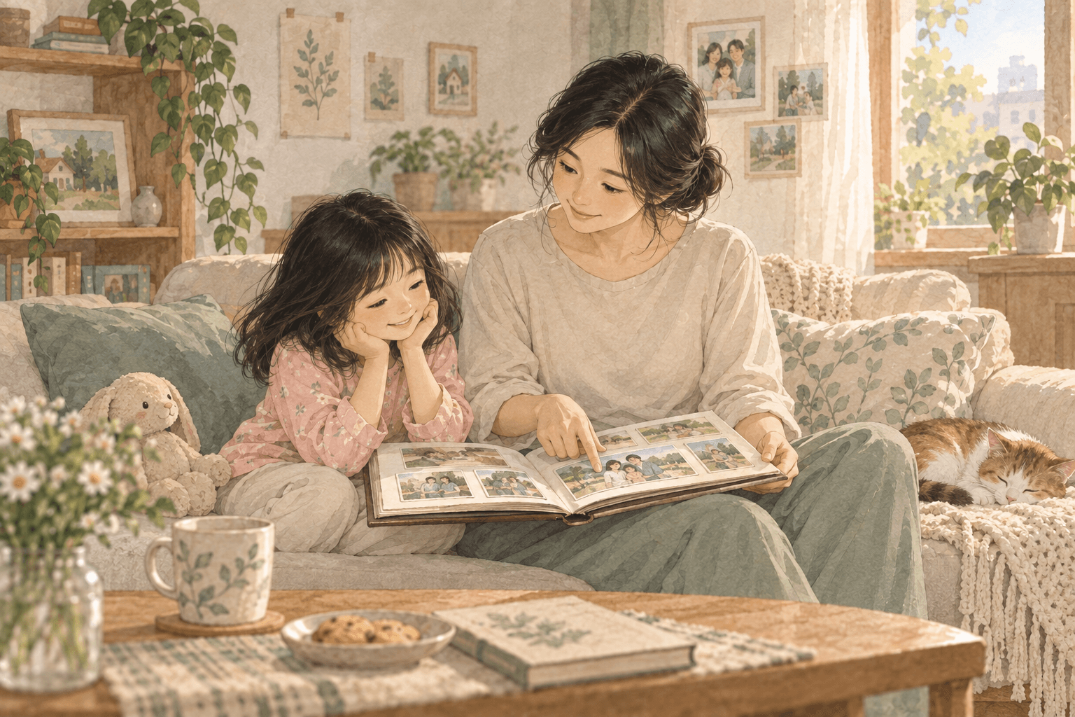 Hai mẹ con xem ảnh gia đình. Các nhân vật và đặc điểm dưới đây là hư cấu để học ngôn ngữ, không nói về người thật trong ảnh người dùng.