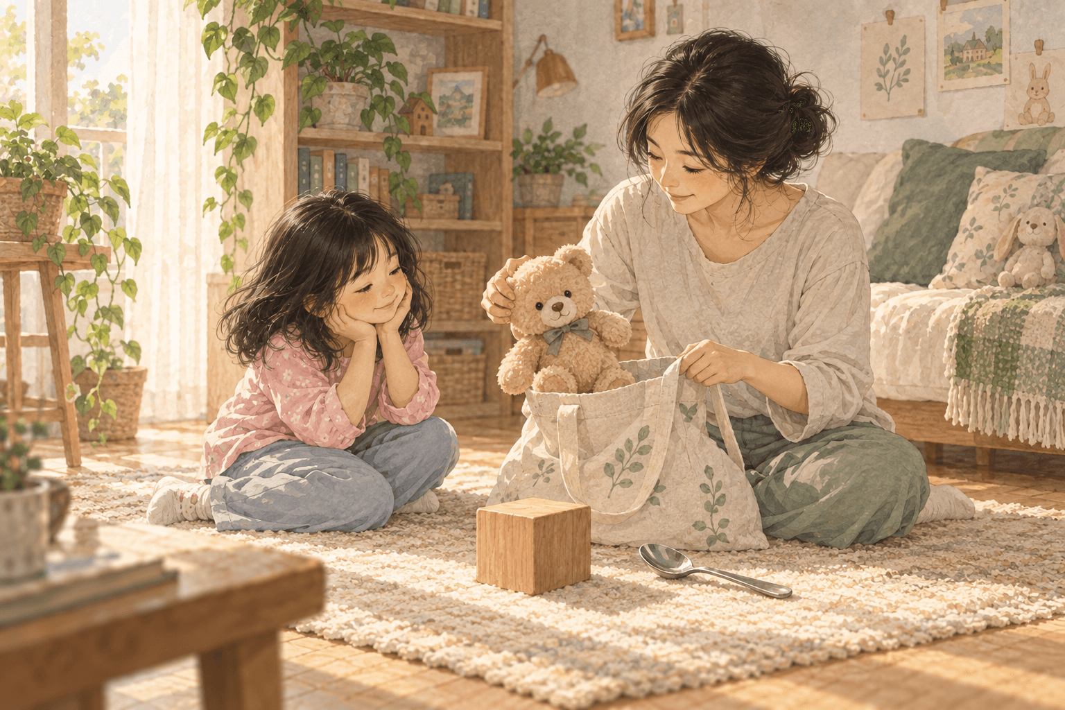 Một túi vải chứa đồ quen thuộc: gấu bông, khối gỗ lớn và thìa kim loại. Người lớn kiểm tra đồ trước khi chơi.