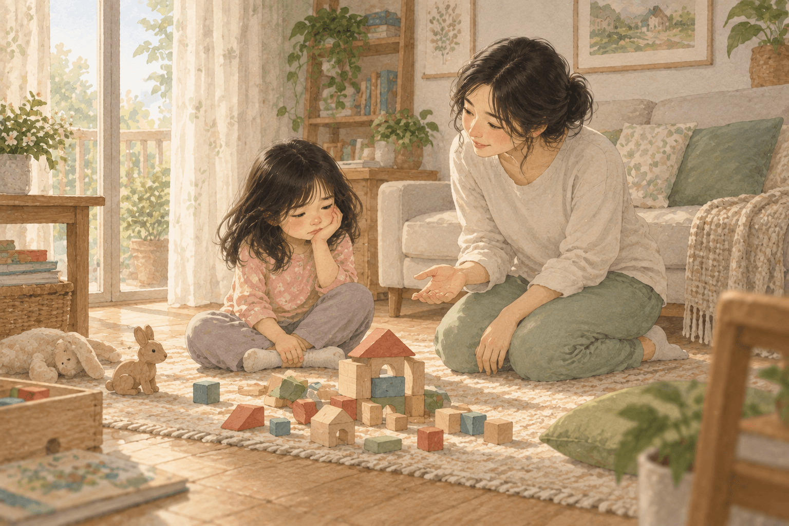 Bé đang ngồi cạnh một ngôi nhà xếp hình vừa đổ. Mẹ hỏi cảm xúc của bé và bé muốn được giúp thế nào.