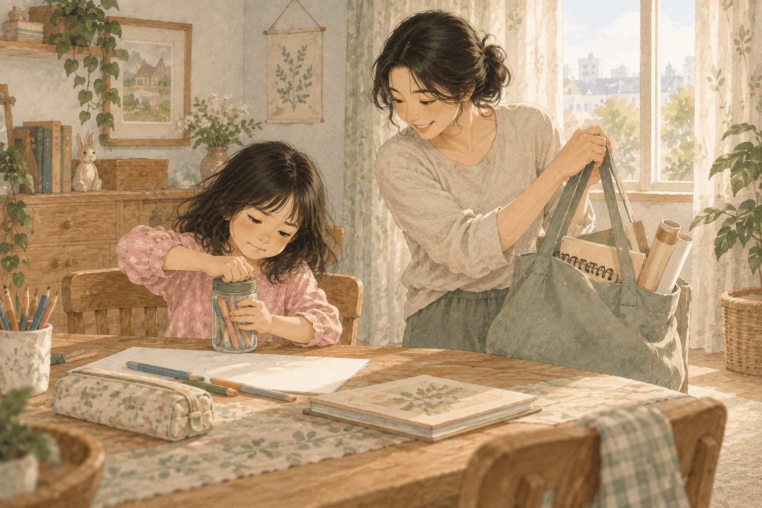 Hai người cùng chuẩn bị hộp bút và giấy để vẽ. Một lọ bút bị kẹt nắp và một chiếc túi hơi nặng tạo lý do thật để nhờ nhau.