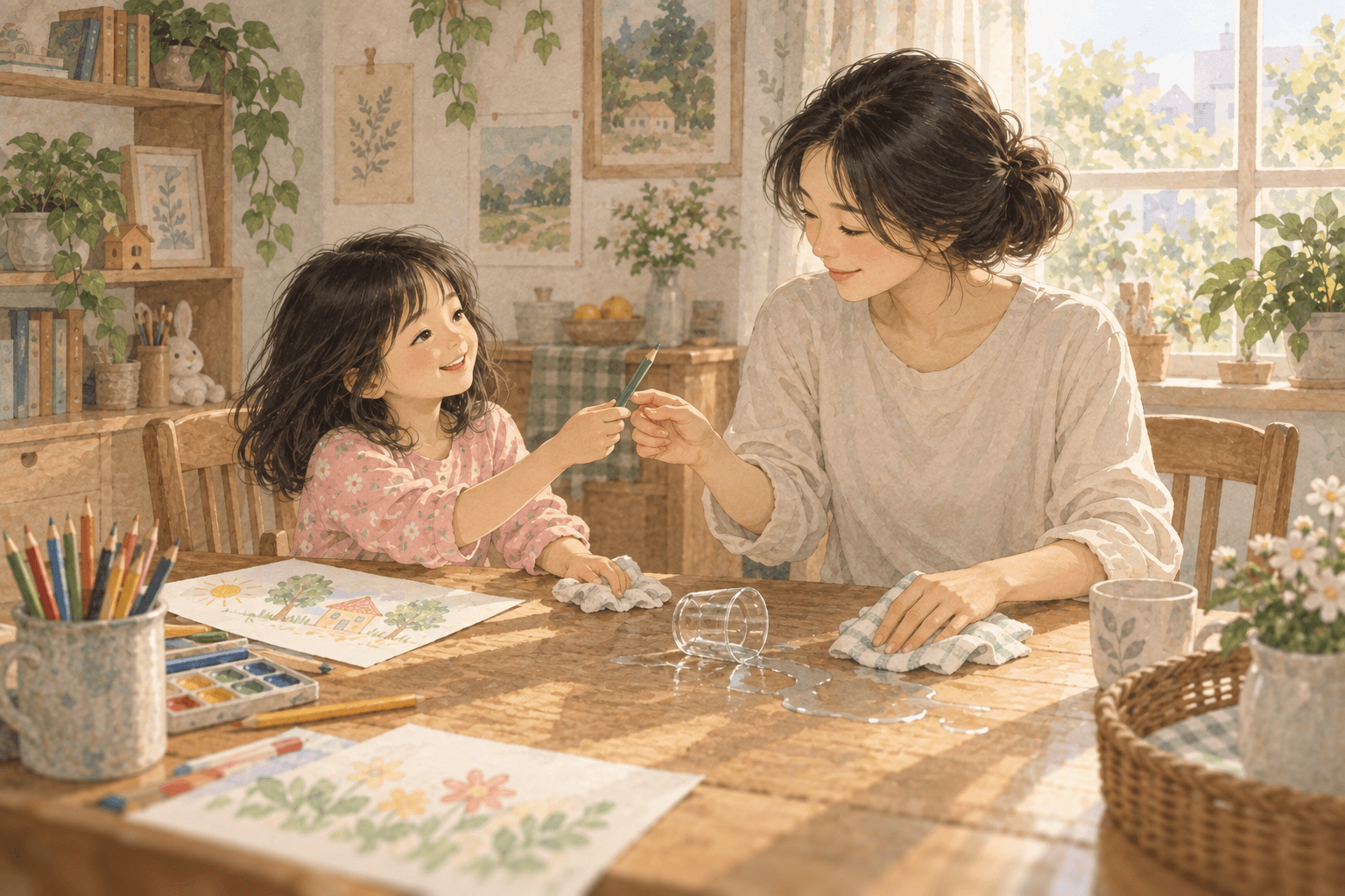 Hai mẹ con đang vẽ. Bé xin mượn bút, làm đổ một chút nước rồi cùng mẹ lau, không bị gắn nhãn là hư.