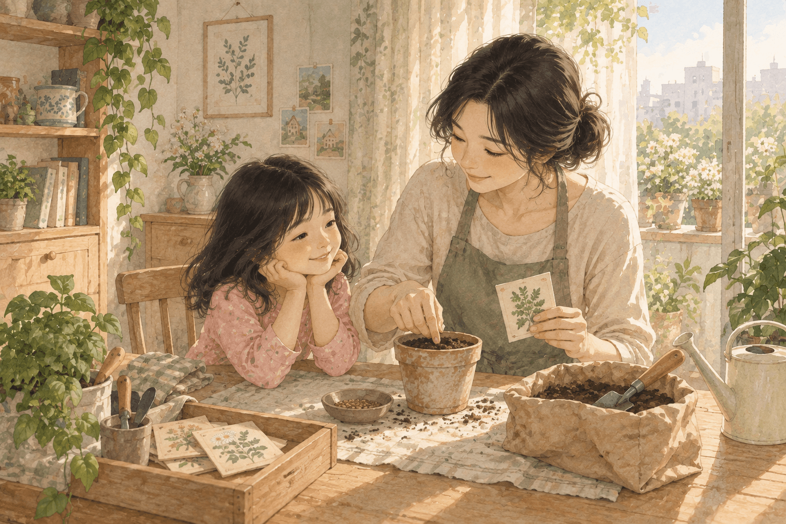 Hai mẹ con trồng hạt trong một chậu nhỏ. Người lớn phụ trách chọn cây, lượng nước và điều kiện trồng; bài chỉ dạy giao tiếp.