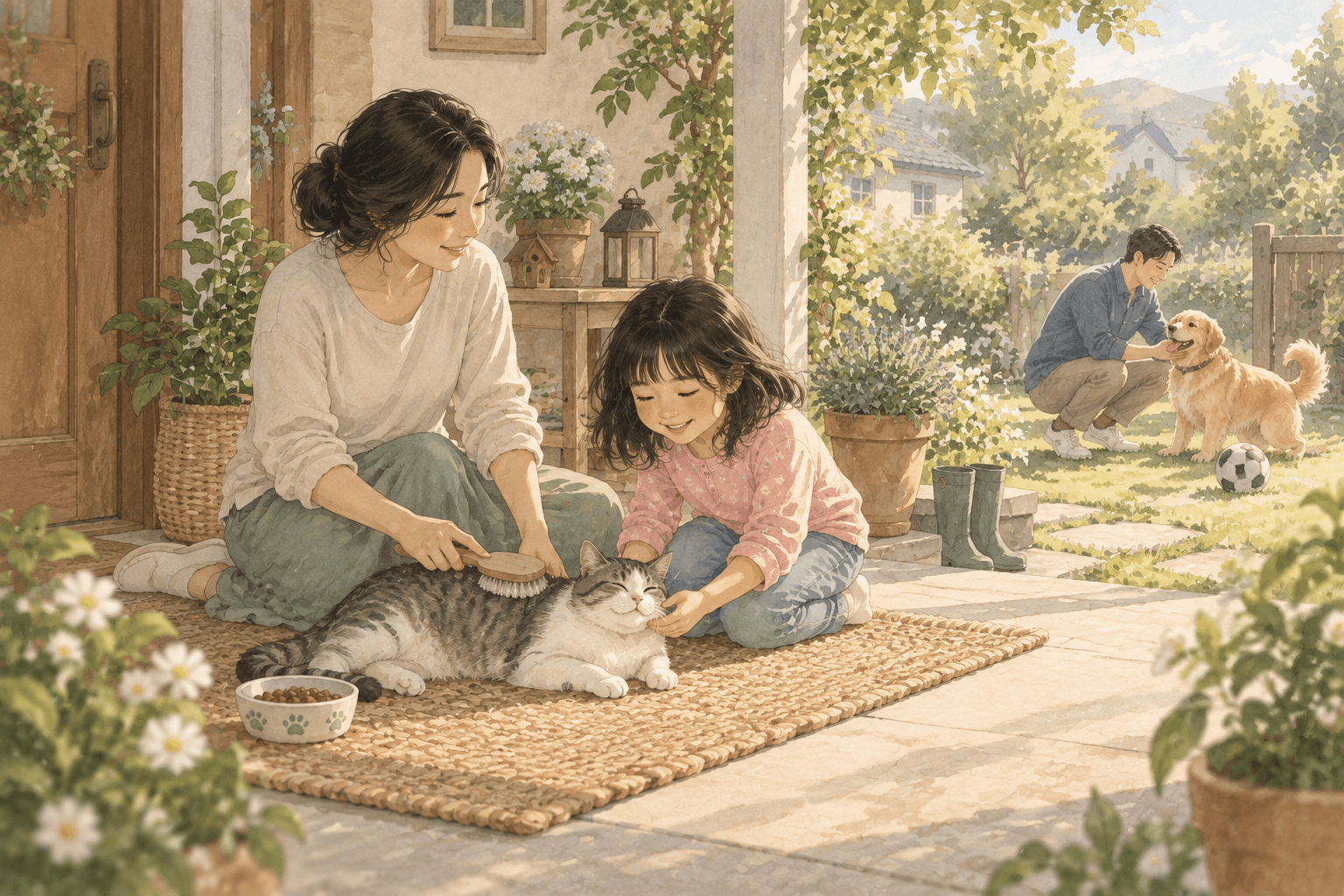 Ở hiên nhà, mèo của gia đình nằm trên thảm, chó ở sân cùng bố. Bé quan sát rồi nhờ mẹ cùng chăm con vật.