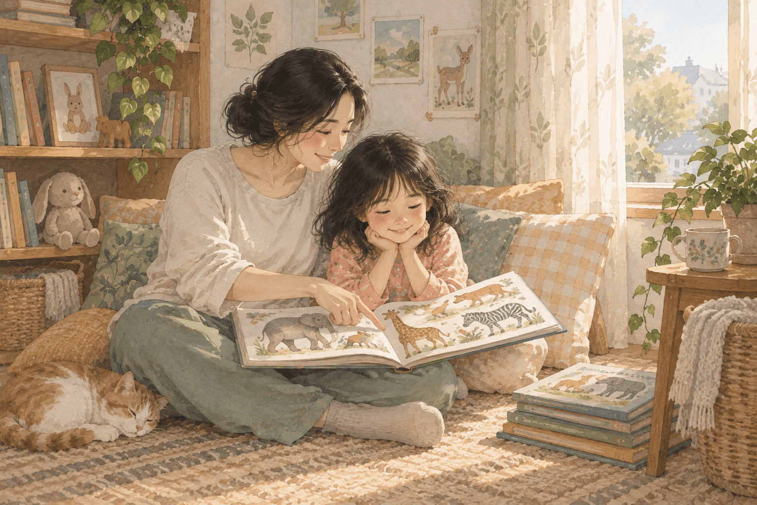 Ở góc đọc sách, hai người cùng xem một sách tranh động vật. Đây là xem hình, không phải tiếp cận động vật hoang dã.