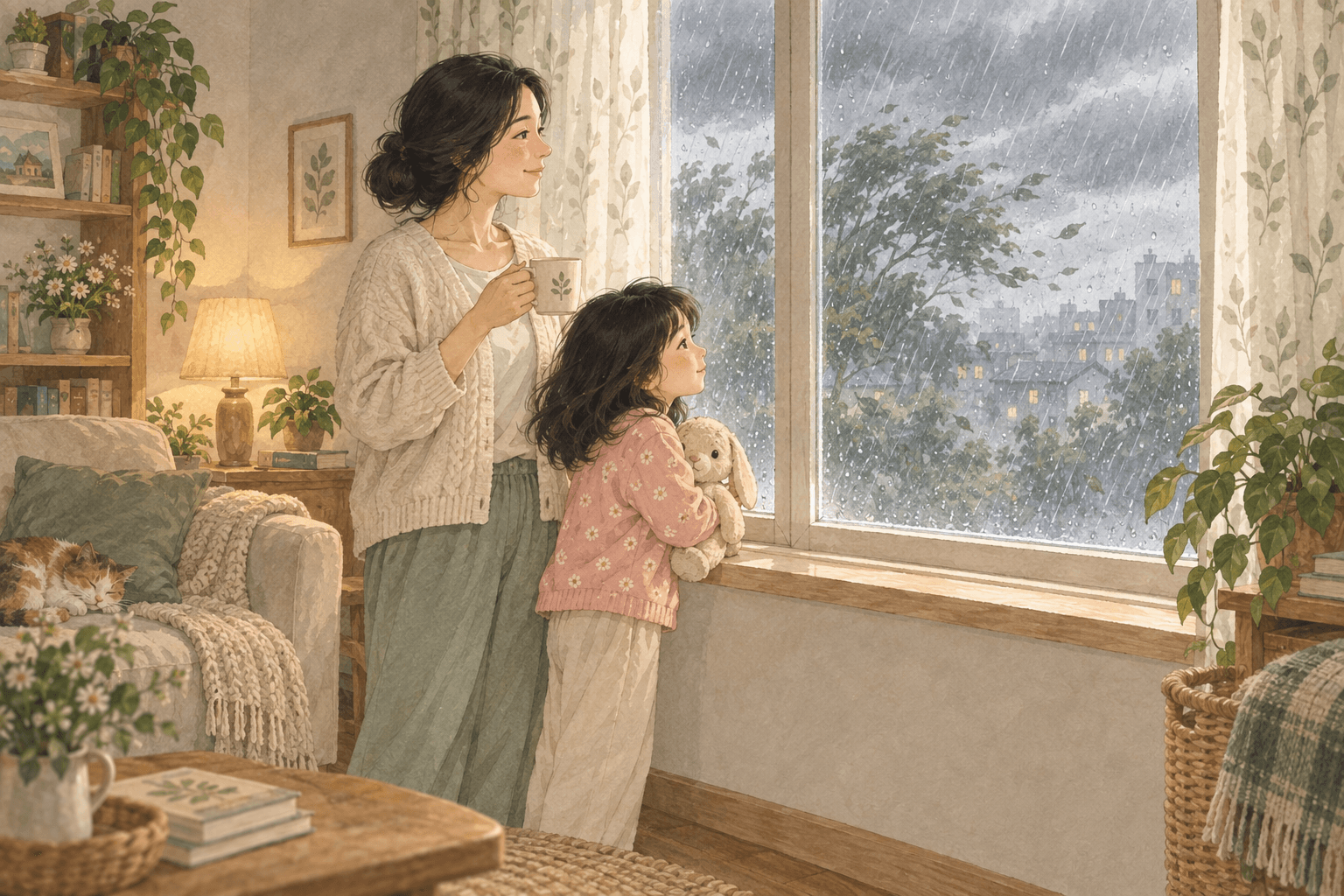 Hai người đứng nhìn qua cửa sổ trước khi đi dạo. Trời nhiều mây, nổi gió rồi bắt đầu mưa; họ chọn chờ ở nhà.