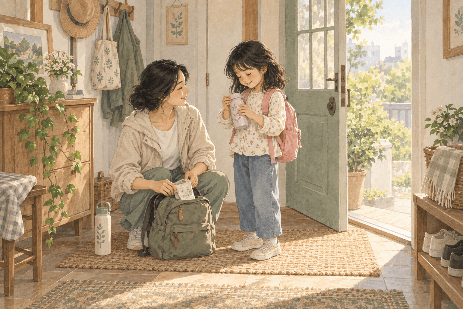 Ở cửa ra vào trước một chuyến đi bộ ngắn. Mẹ và bé kiểm tra đồ riêng của mỗi người, không vội kéo nhau đi.
