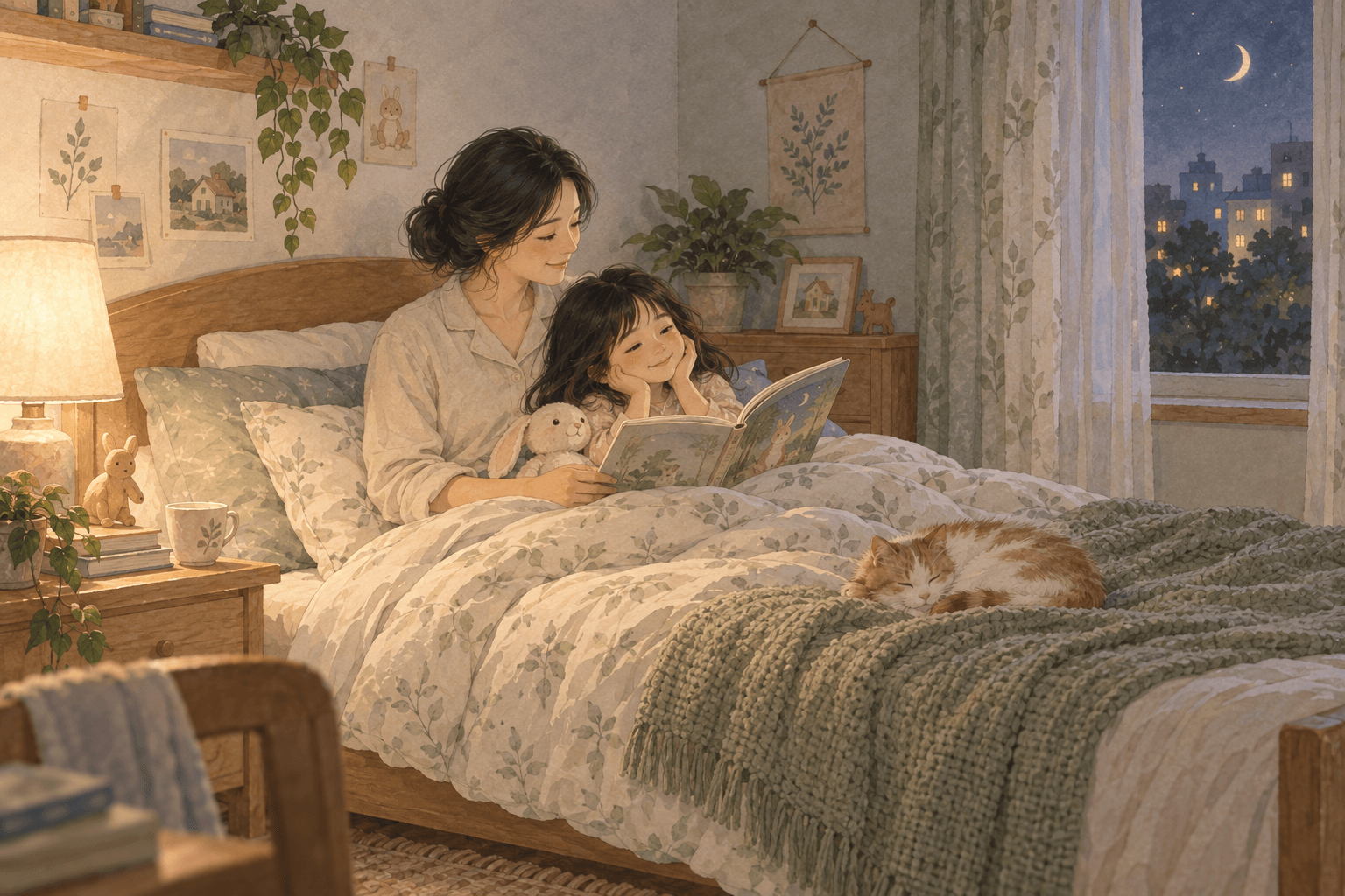 Phòng ngủ buổi tối sau khi tắm. Hai mẹ con đọc một đoạn truyện nguyên tác ngắn, nhắc lại ngày hôm nay và chào ngủ ngon.