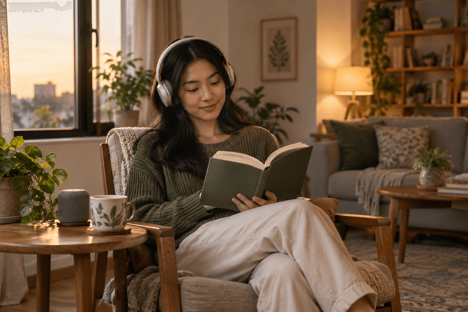 Một người đang đọc sách, nghe nhạc và uống trà trong phòng khách vào buổi tối.