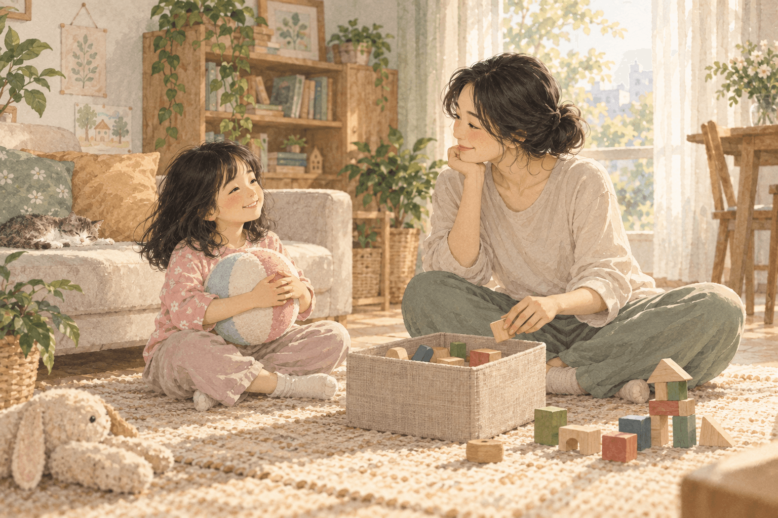 Hai mẹ con có một quả bóng mềm và hộp khối xếp hình. Cả hai cùng chọn trò, thay vì người lớn quyết định hết.